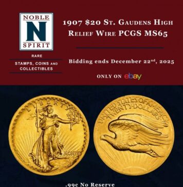 Rare 1907 St. Gaudens High Relief $20 Gold — PCGS MS65 Gold Shield — PCGS Price Guide $70,000 at 99c NO RESERVE