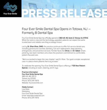 Four Ever Smile Dental Spa (formerly B Dental Spa), has just opened in Totowa, NJ.