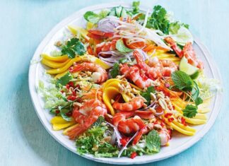 Cucumber Noodle Prawn and Mango Salad
