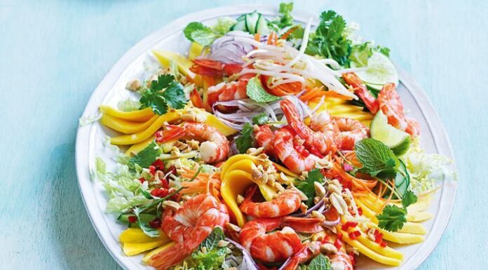 Cucumber Noodle Prawn and Mango Salad